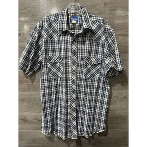 Wrangler Western Mens Shirt XL Blue White Short Sleeve Plaid Pearl Snap Vintage
